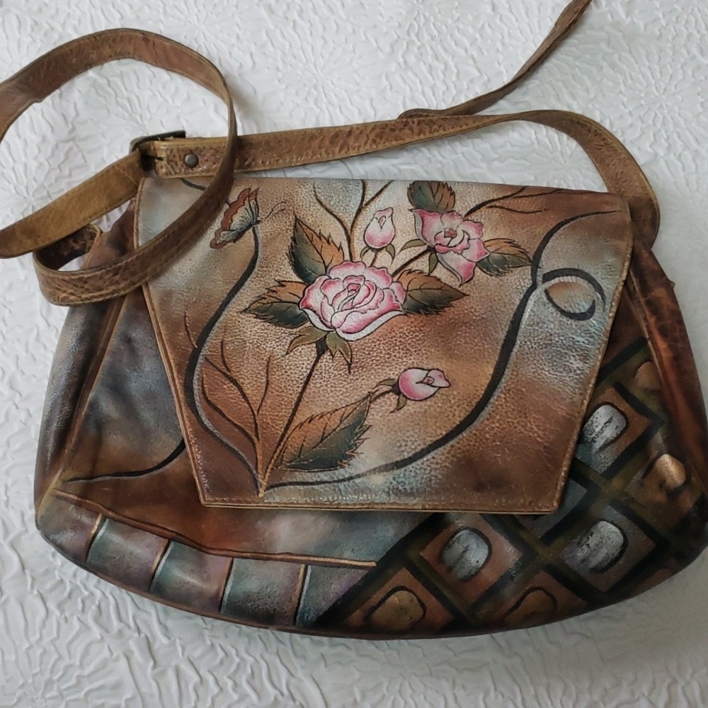 Sova Vintage Brown Handpainted Floral Design Leather Shoulder/Crossbody Bag